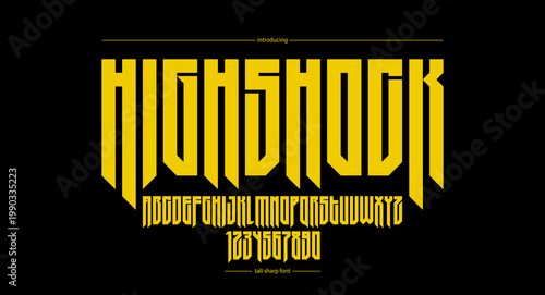 Sharp and bold tall gothic font for logo creation of for headlines, edgy geometric modern vector condensed typeface, heavy metal and hard rock style alphabet with numbers.