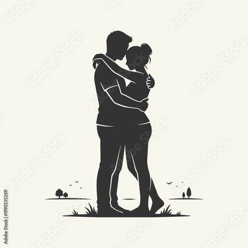 Silhouette of a loving couple embracing tenderly in an outdoor landscape, romantic gesture between a man and woman in a minimalist flat vector illustration style.