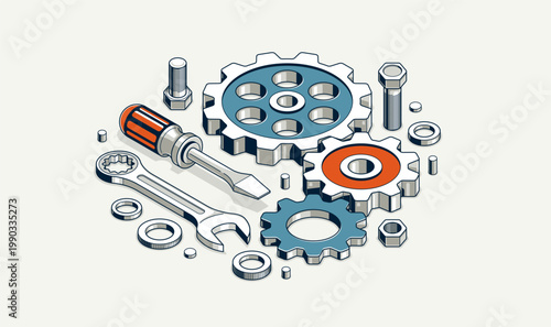 Repair and maintenance concept, technics service, gears and tools in 3D isometric projection vector illustration, technical mechanical workshop.