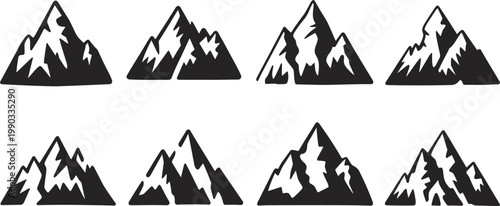 Stylized black and white mountain icons, eight unique snow-capped peak silhouettes with varied shapes, slopes, and rugged contours