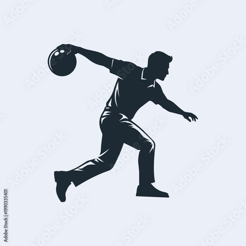 Silhouette of a man throwing a bowling ball, professional athlete playing bowling game isolated on a light background.