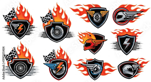 Collection of Racing Emblems with Flames and Flags.