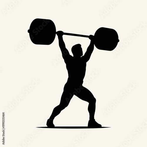 Silhouette of a muscular weightlifter holding a heavy barbell overhead, demonstrating strength and fitness, isolated on a light background.