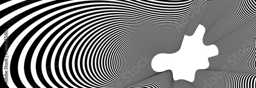 Abstract vector 3D lines background, black and white curves linear perspective dimensional optical pattern, blank copy space for text.