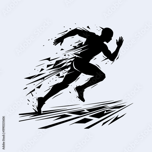 Silhouette of a person sprinting with a dynamic shattered effect, abstract motion graphic depicting speed and athletic performance.