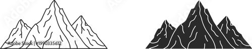 Stylized black and white mountain range icons, outline and filled silhouette designs with jagged peaks, ridges, and snowy contours