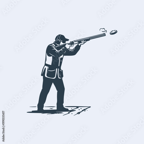 Silhouette of a person shooting at a flying clay target with a shotgun, sports enthusiast practicing skeet shooting in a minimalist graphic style.