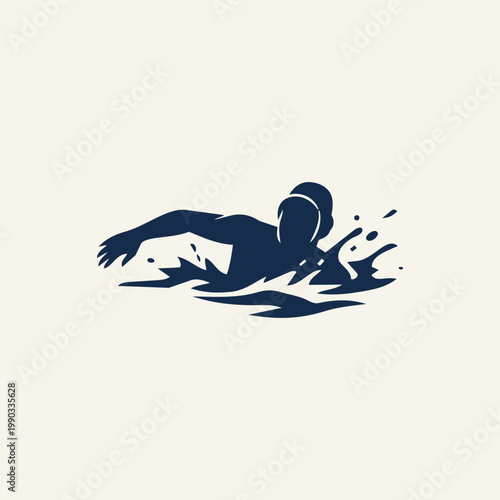 Silhouette of a person swimming in a pool, flat vector illustration of an athlete doing the front crawl stroke with water splashes.