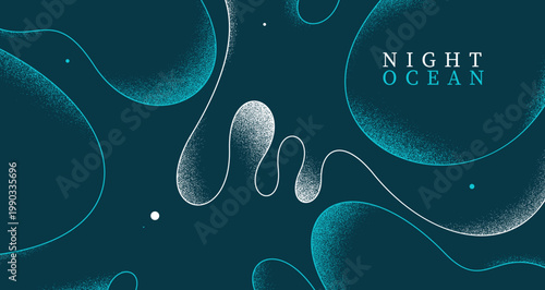 Relaxing seashore in the night waves vector abstract background, linear curvy shaped outlines and textures art, calming and soothing ocean beach illustration wallpaper.