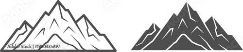 Stylized black and white mountain range icons, outline and filled silhouette designs with sharp peaks, ridges, and rugged contours
