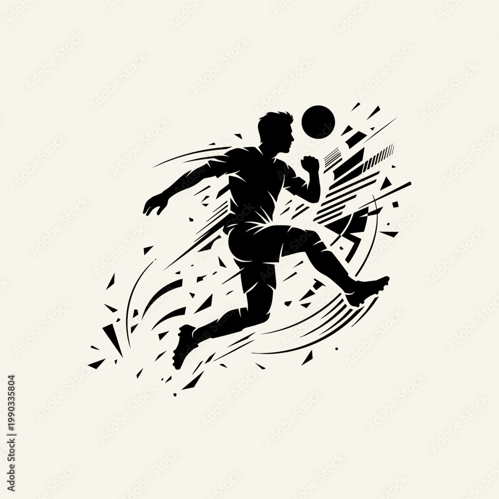 Fototapeta premium Silhouette of a soccer player running in sportswear, active man training on a field, digital illustration of a male athlete in motion.