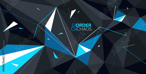 Order and chaos vector abstract background, 3D dark black and bright blue low poly polygonal surface with decay broken particles debris in motion.