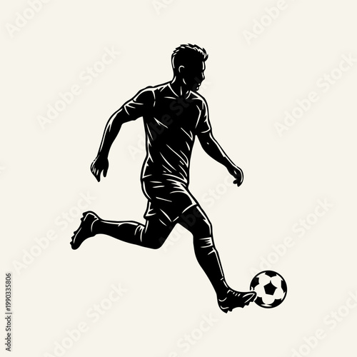 Silhouette of a soccer player running with a ball, high contrast black and white sports illustration.