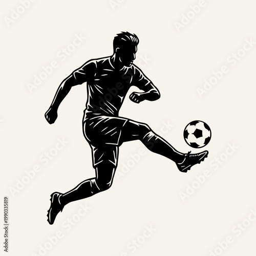 Silhouette of a soccer player kicking a ball in mid-air, dynamic sports illustration isolated on a white background.