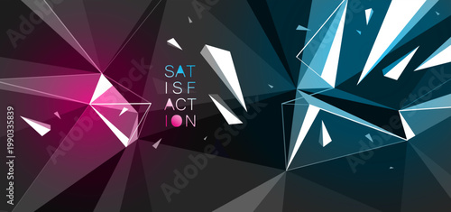 Dark low poly vector abstract background with color spotlights, black polygonal abstraction with decay motion of flying particles, 3D dynamic art.