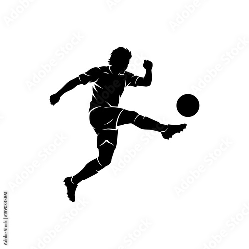 Silhouette of a soccer player kicking a ball in mid-air, active athlete in dynamic movement isolated on white background.