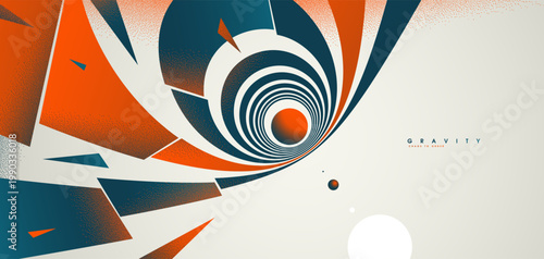 Abstract gravity concept showing pull, tension, and momentum as elements flow toward a center, transforming chaos into structured balance and direction.