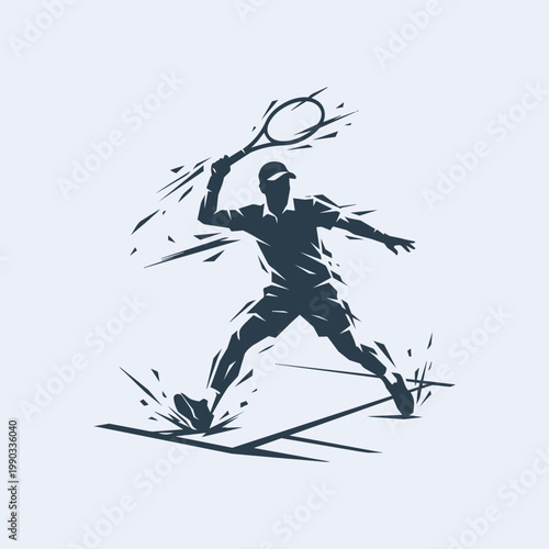 Silhouette of a tennis player hitting a ball with a racket, stylized graphic illustration with dynamic motion shards and fragmented artistic effect.
