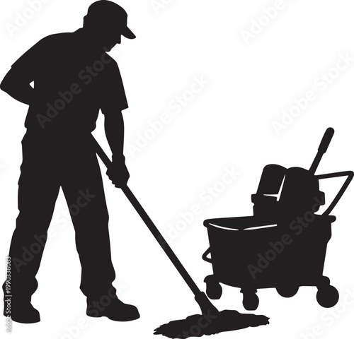 Silhouette of a man cleaning the floor with a mop and bucket cart