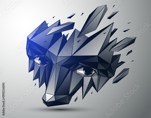Low poly polygonal portrait of human face breaking into fragments, abstract geometric explosion of shattered pieces, modern digital illustration.