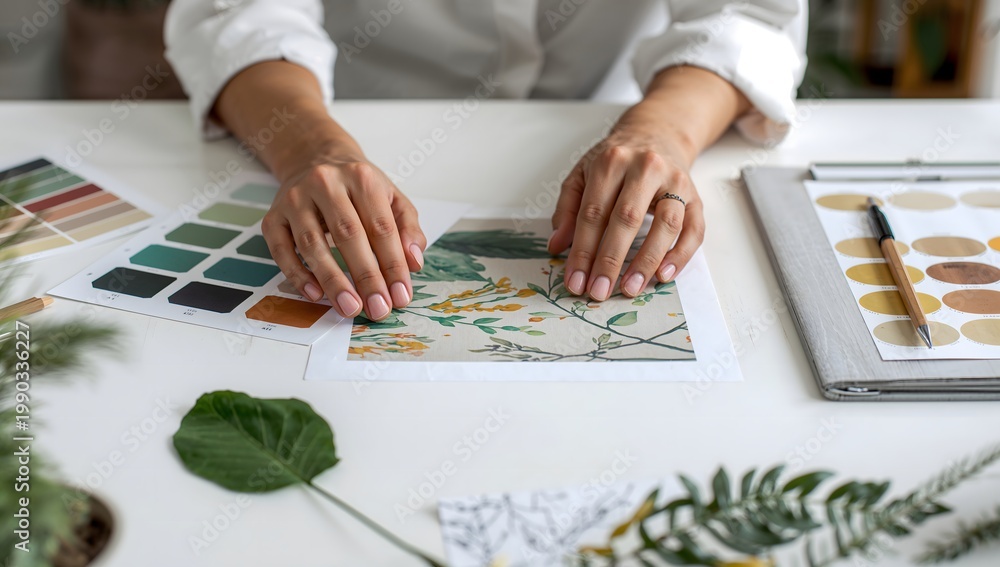 Fototapeta premium Designer hands working with color swatches and botanical art prints