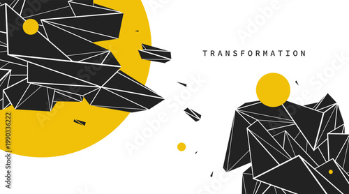 High contrast black and yellow polygonal composition showing structural transformation, fragmentation and reconstruction of form, balance between order and disruption.