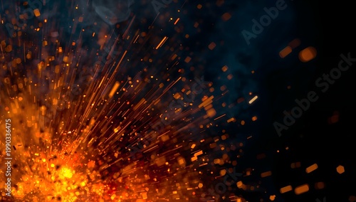 Macro shot of glowing orange fire sparks flying on black background