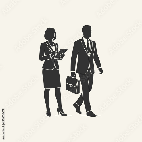 Silhouettes of a businessman walking with a briefcase and a businesswoman taking notes on a tablet, professional business people in formal attire.