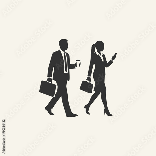 Silhouettes of a businessman and businesswoman walking together, professional colleagues with briefcases and coffee commuting to work.