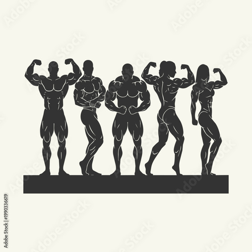 Silhouettes of diverse bodybuilders posing together on a stage, athletic people showing muscular physique in a competition lineup.