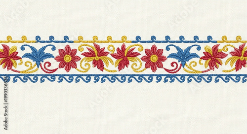 Colorful floral embroidery pattern on white fabric background.