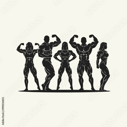 Silhouettes of male and female bodybuilders posing together, fitness icons showcasing muscular physiques in a professional bodybuilding competition stance.