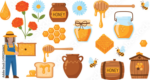 Beekeeping Cartoon Illustration Set with Honey Jar Beekeeper Bees Honeycomb and Flowers in Flat Style for Agriculture Design, Organic Products, and Creative Projects.