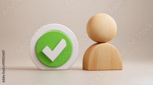 An illustration of a wooden figure with a green checkmark. A simple design, perfect for concepts like approval, success and agreement.