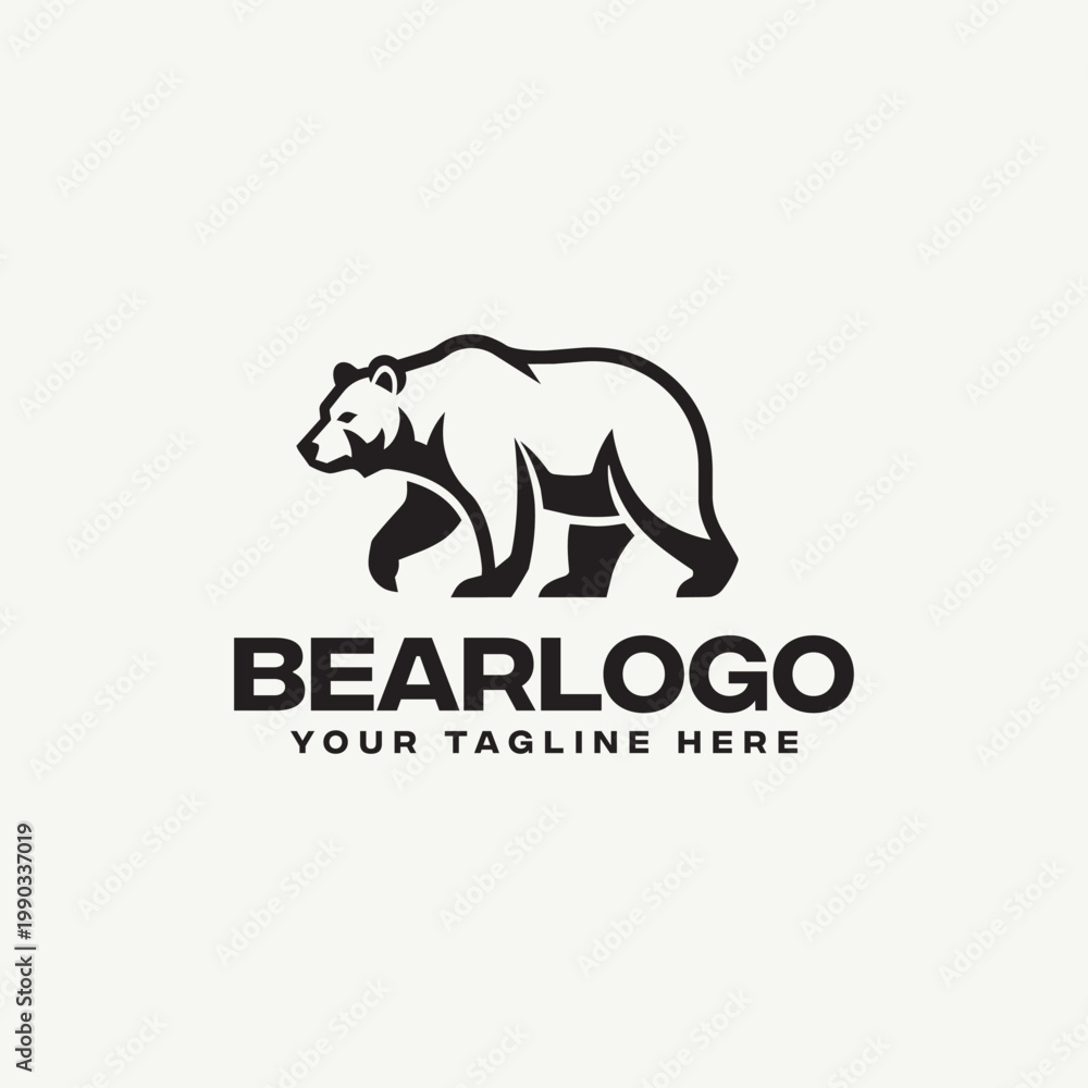 Fototapeta premium Stylized bear logo template with a walking grizzly bear silhouette and generic text on a clean background, isolated vector illustration design element.