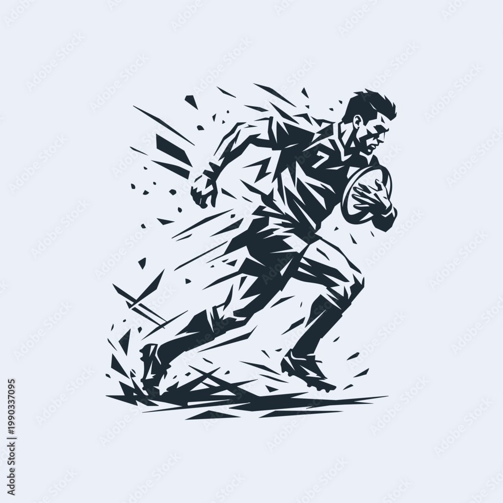 Fototapeta premium Stylized black and white illustration of a rugby player running with a ball, dynamic geometric silhouette showing speed and athletic movement.