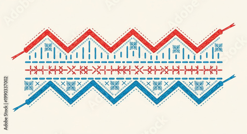 Traditional Folk Embroidery Pattern with Red and Blue Zigzag Motifs.