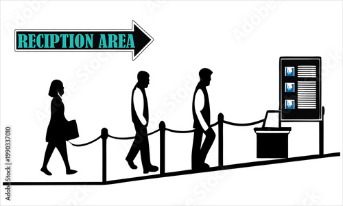 People queuing at a reception area with check-in counters and signage