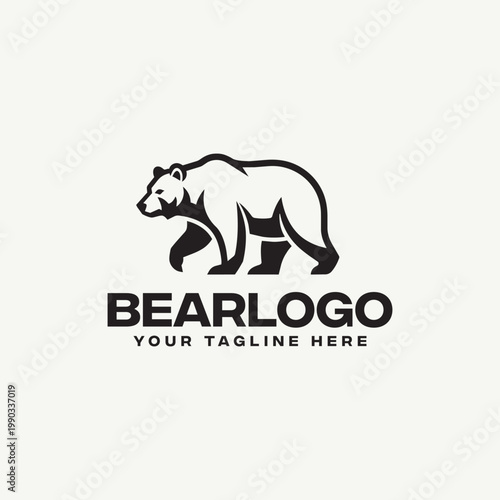 Stylized bear logo template with a walking grizzly bear silhouette and generic text on a clean background, isolated vector illustration design element.