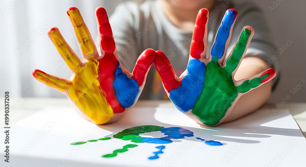 Fototapeta premium Child's hands covered in colorful paint making handprints finger paint