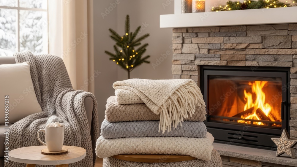 Fototapeta premium A cozy living room with a warm fireplace and Christmas decorations