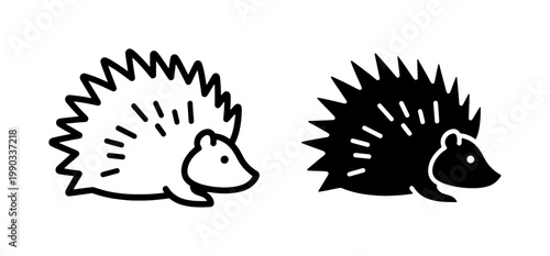 Hedgehog line art and solid black silhouette icon set