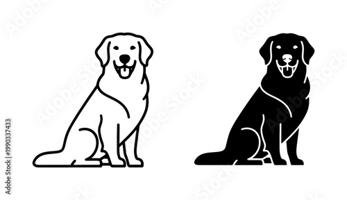 Golden Retriever Dog Sitting Silhouette and Line Art Icon