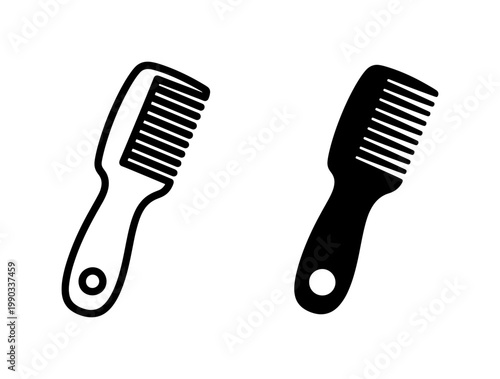 Hair comb icon set in black outline and solid silhouette