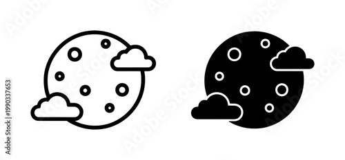Full moon with clouds outline and solid icon set