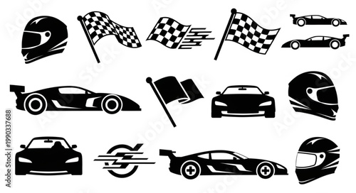 Collection of racing car icons and checkered flags.
