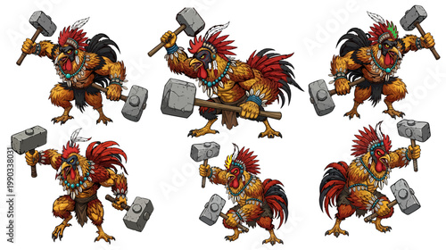 Muscular rooster warrior character set, 6 tribal rooster fighter vectors with stone hammers, aggressive bird gladiator mascots for gaming and esports