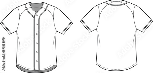 Photography Technical fashion sketch of a blank baseball jersey template with front and back