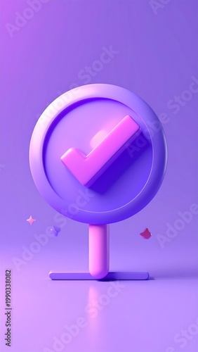 A vibrant, 3D rendered graphic features a pink checkmark icon within a light purple circular sign, set against a monochromatic background