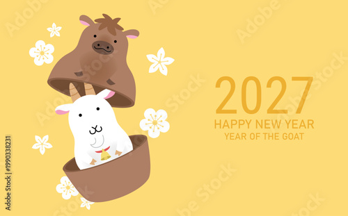 New Year of the Goat and former Year of the Horse banner template. Cute zodiac horse and goat figurines with flowers pattern.
